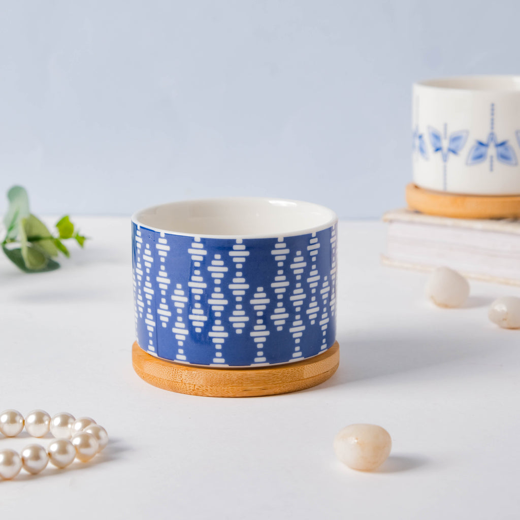 Blue Curtain Printed White Pattern Planter With Coaster Nestasia