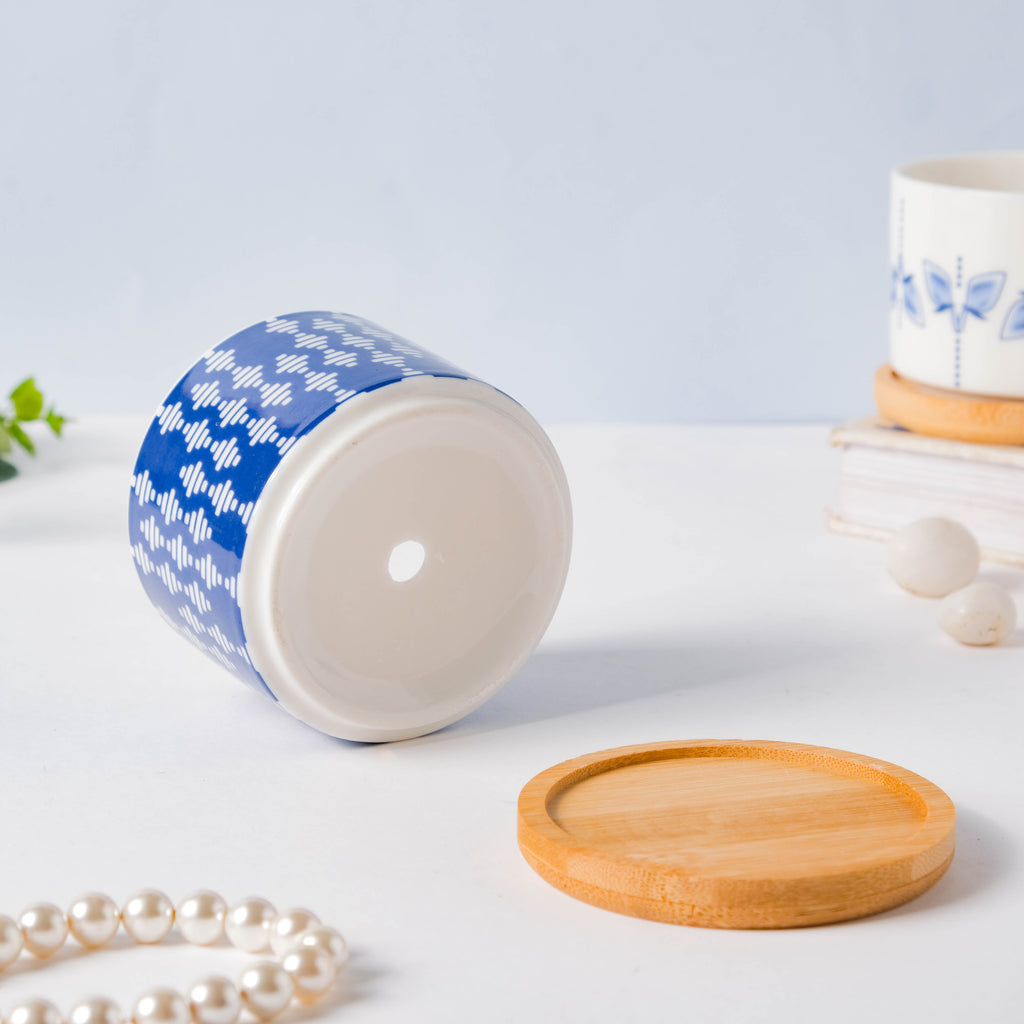 Blue Curtain Printed White Pattern Planter With Coaster Nestasia