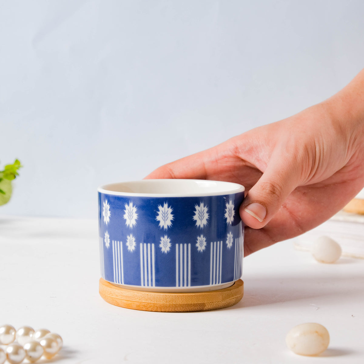 Blue Leaf Japanese Planter And Wooden Coaster Nestasia