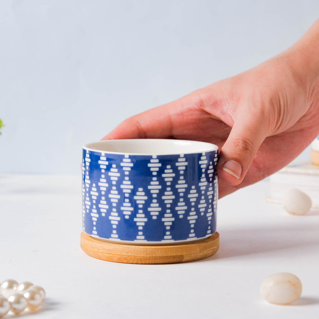 Blue Curtain Printed White Pattern Planter With Coaster Nestasia