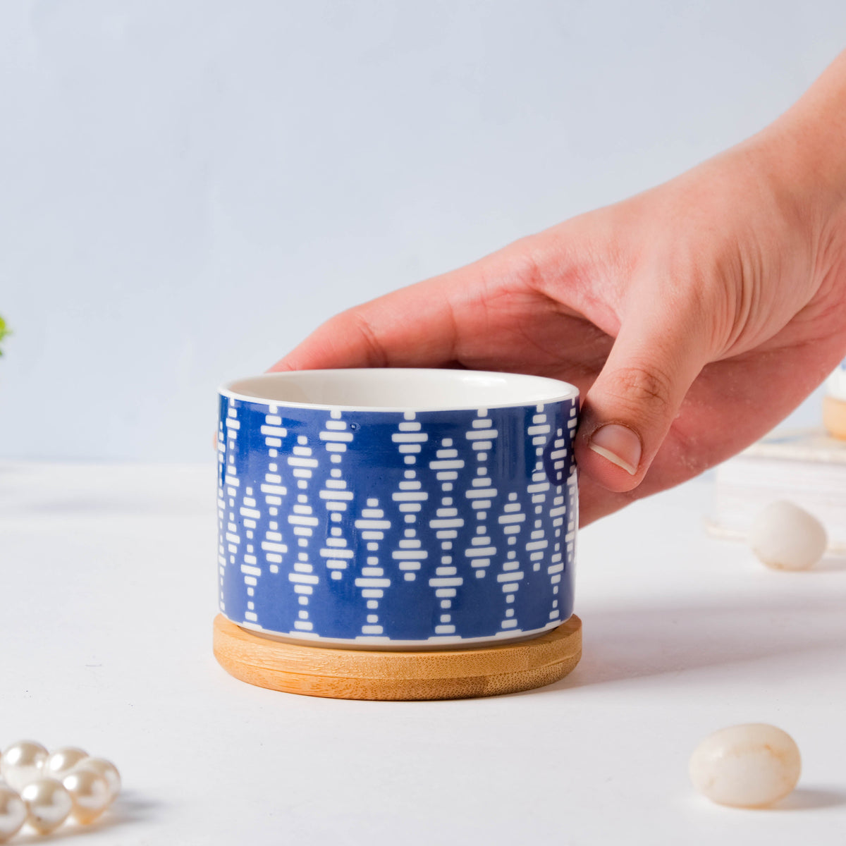 Blue Curtain Printed White Pattern Planter With Coaster Nestasia