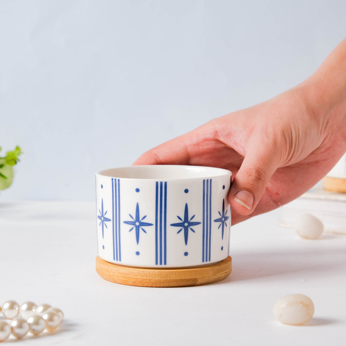 Blue Charm Japanese Planter And Wooden Coaster Nestasia