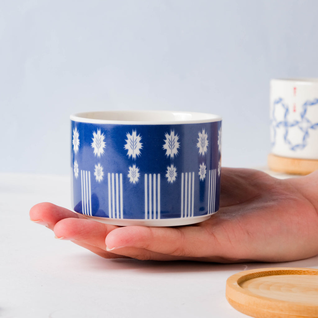 Blue Leaf Japanese Planter And Wooden Coaster Nestasia
