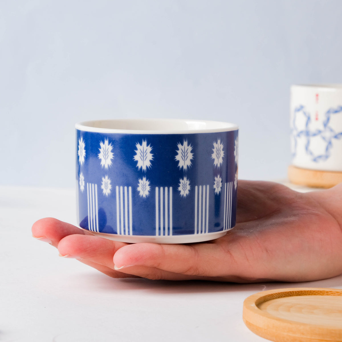 Blue Leaf Japanese Planter And Wooden Coaster Nestasia