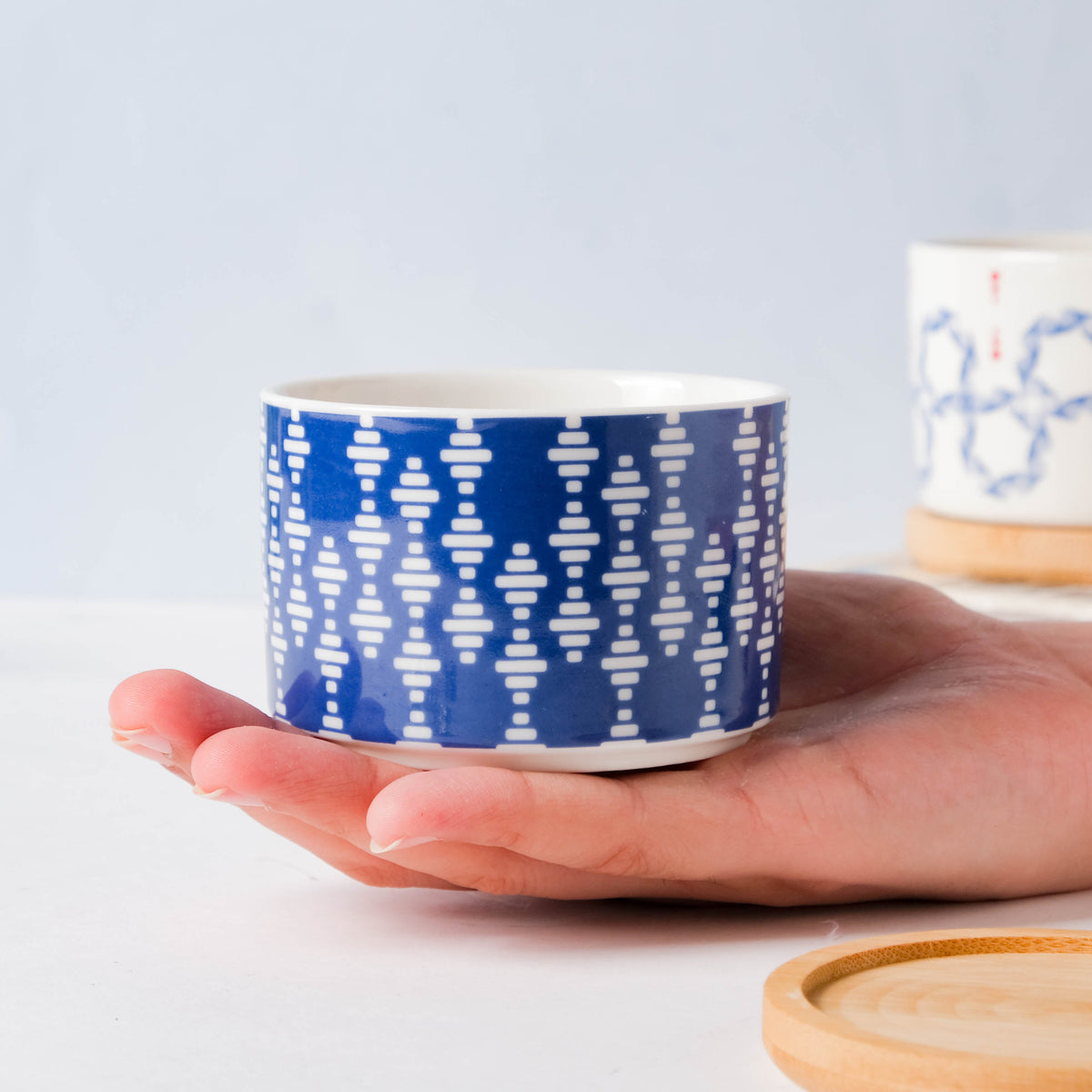 Blue Curtain Printed White Pattern Planter With Coaster Nestasia