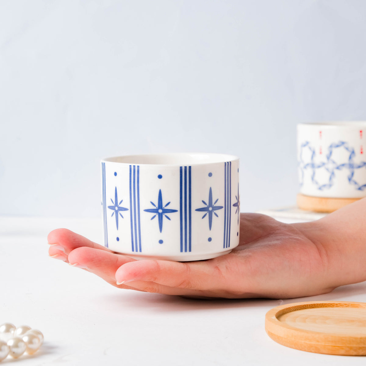 Blue Charm Japanese Planter And Wooden Coaster Nestasia
