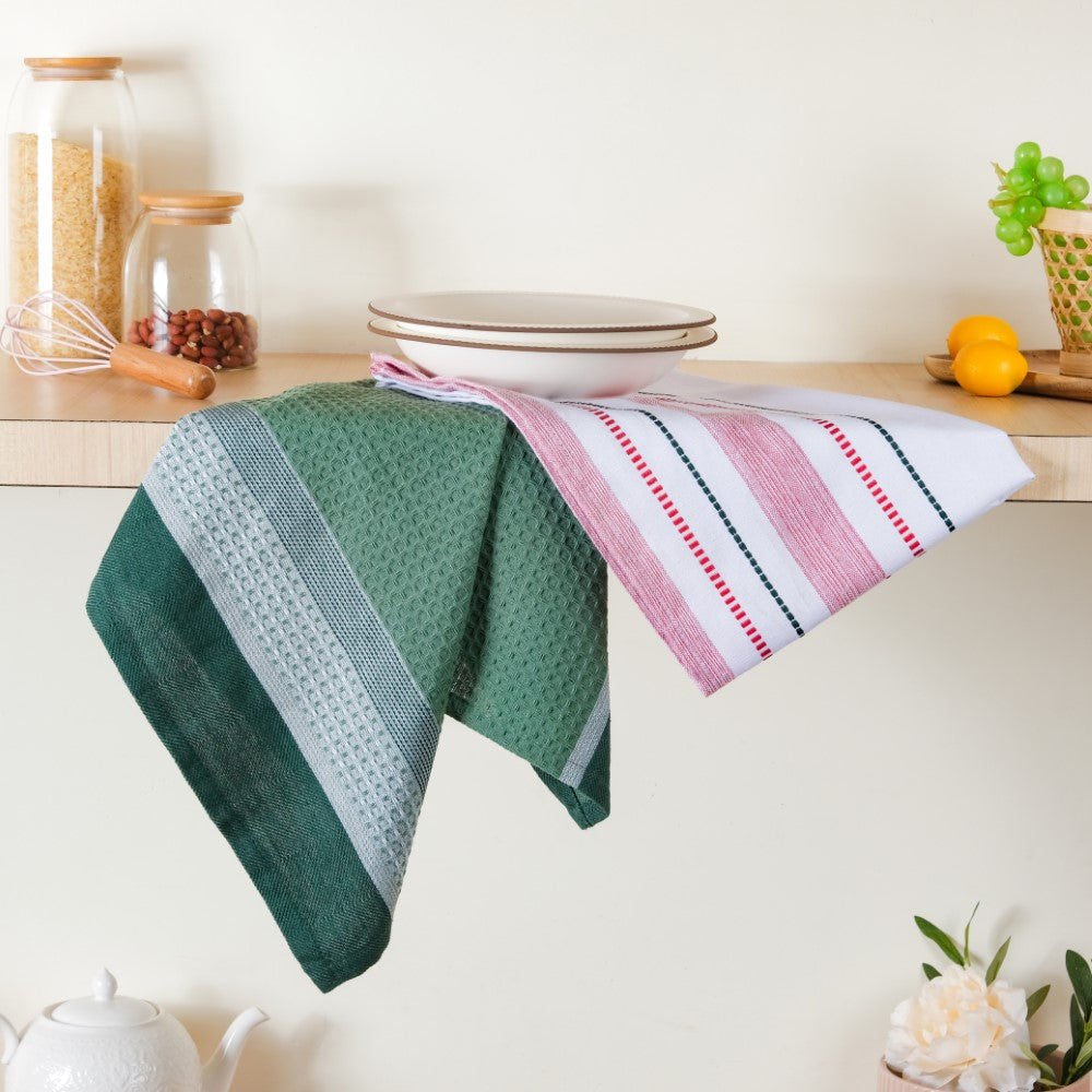 Green White Stripes Cotton Hand Towel Set Of 2 Nestasia