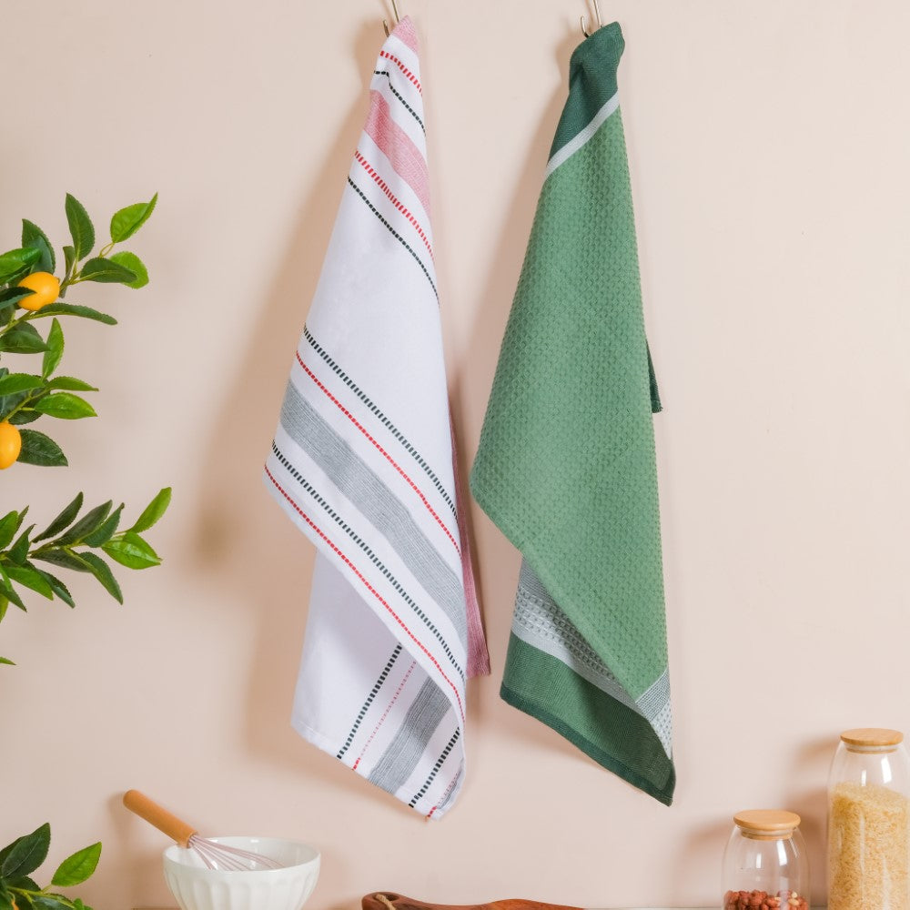 Green White Stripes Cotton Hand Towel Set Of 2 Nestasia