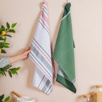 Green White Stripes Cotton Hand Towel Set Of 2 Nestasia