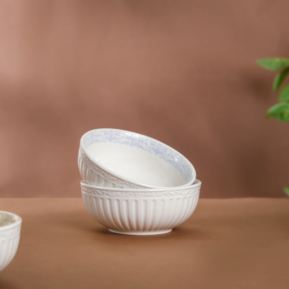 Engraved Rim Ceramic Snack Bowl Blue Set Of 2 Nestasia