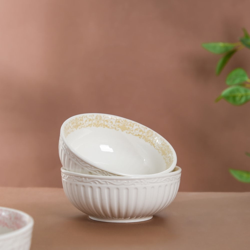Engraved Rim Ceramic Snack Bowl Yellow Set Of 2 Nestasia