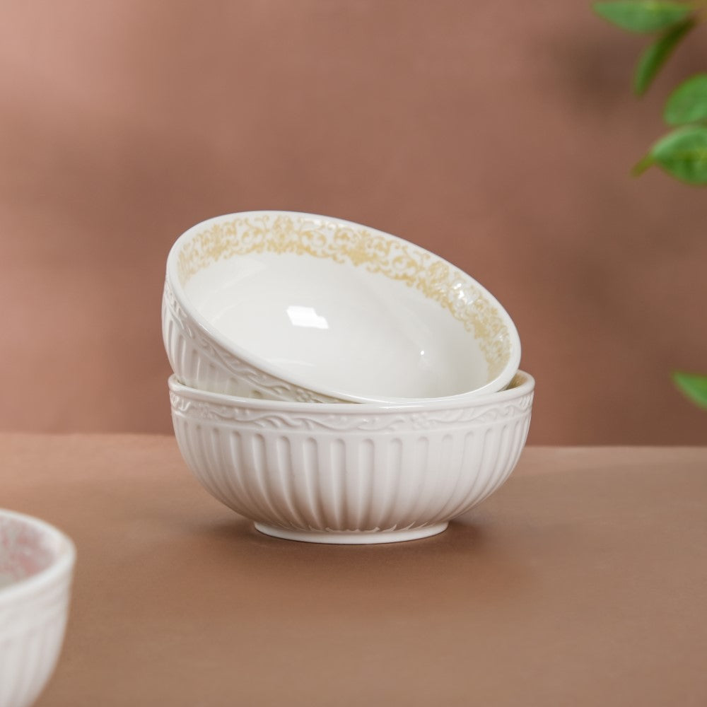Engraved Rim Ceramic Snack Bowl Yellow Set Of 2 Nestasia