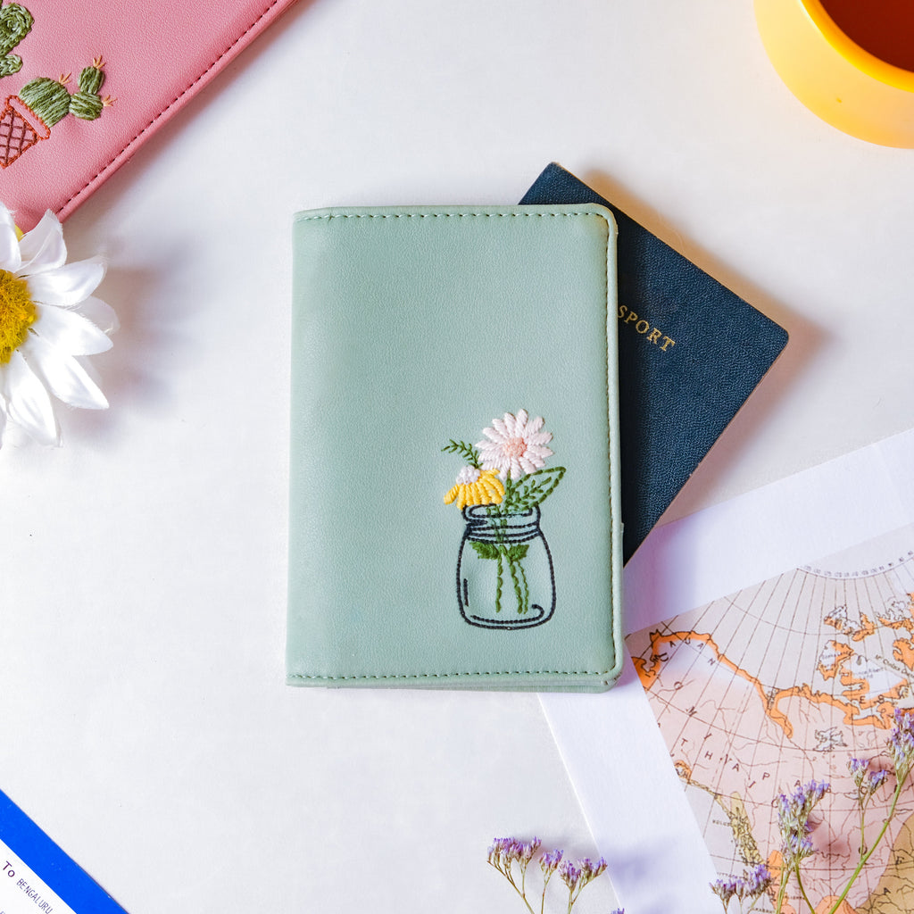 Flower Jar Two Fold Passport Cover Green Nestasia