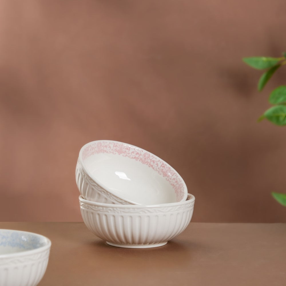 Engraved Rim Ceramic Snack Bowl Pink Set Of 2 Nestasia