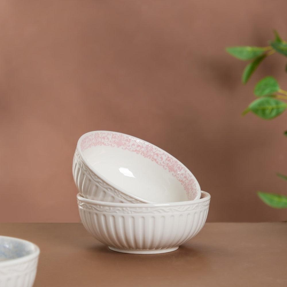 Engraved Rim Ceramic Snack Bowl Pink Set Of 2 Nestasia