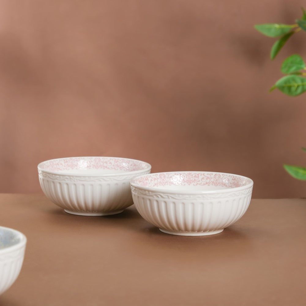 Engraved Rim Ceramic Snack Bowl Pink Set Of 2 Nestasia