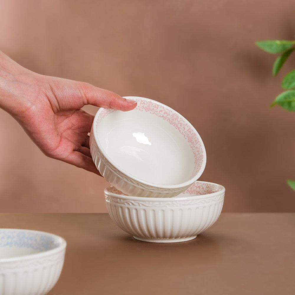 Engraved Rim Ceramic Snack Bowl Pink Set Of 2 Nestasia