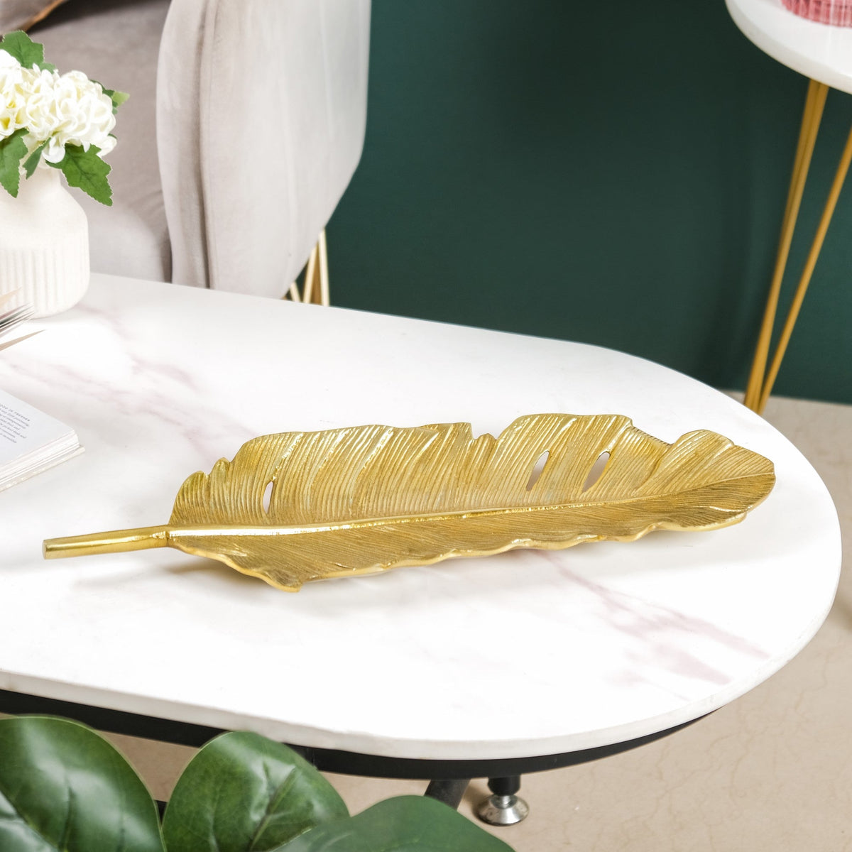 Feather Decorative Platter Tray Gold 18 Inch Nestasia