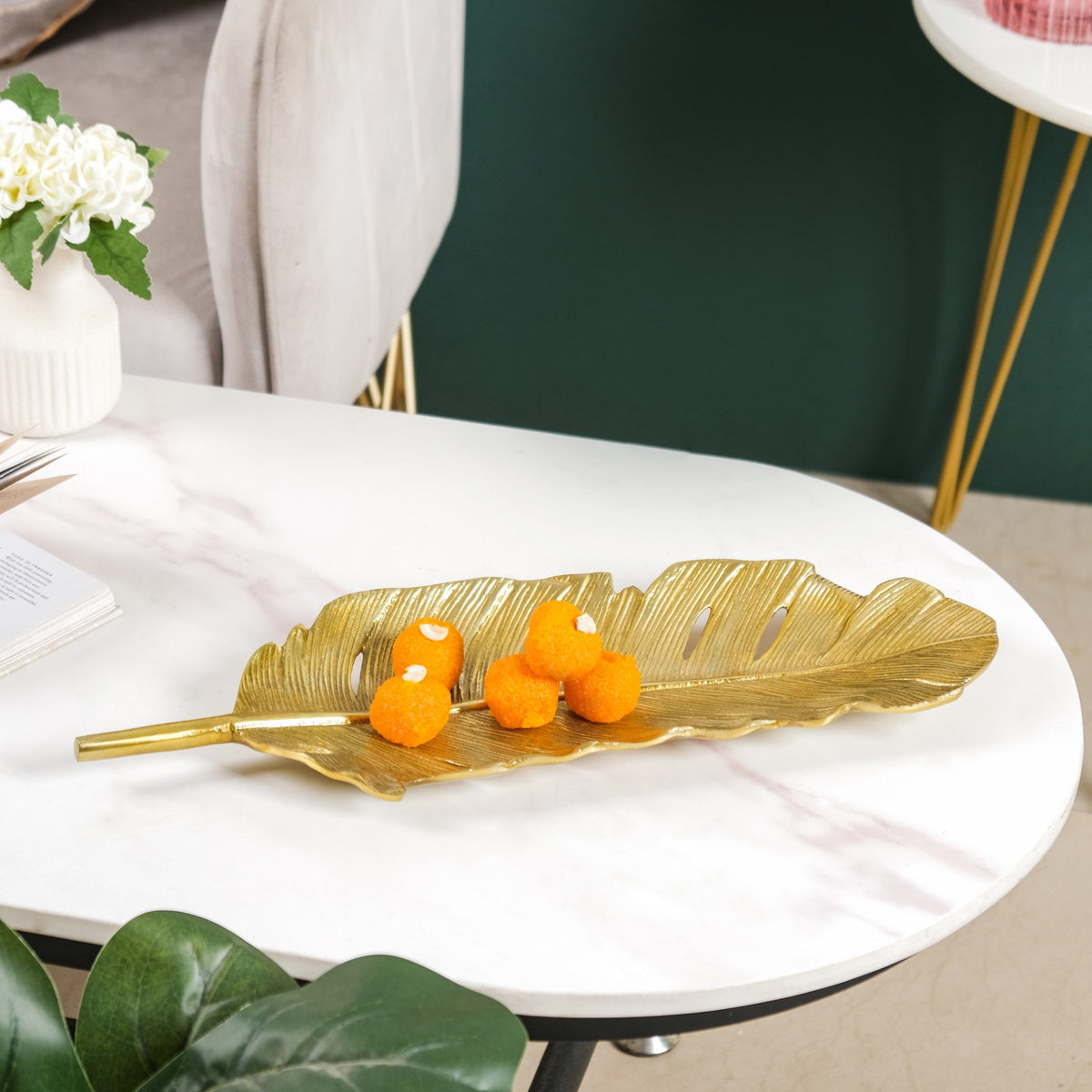 Feather Decorative Platter Tray Gold 18 Inch Nestasia