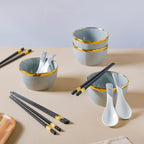 Gorgeous Grey Snack Bowl Set Of 4 With Chopsticks And Soup Spoons Nestasia