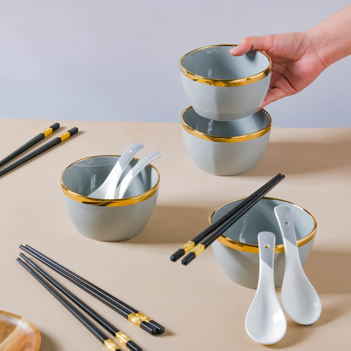 Gorgeous Grey Snack Bowl Set Of 4 With Chopsticks And Soup Spoons Nestasia