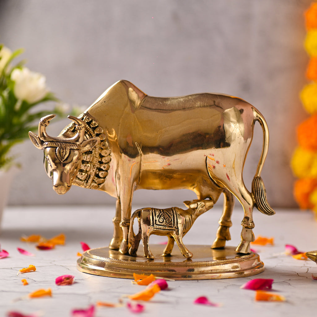 Brass Kamdhenu Cow With Calf Idol (6.5 Inch) Vedansh Craft