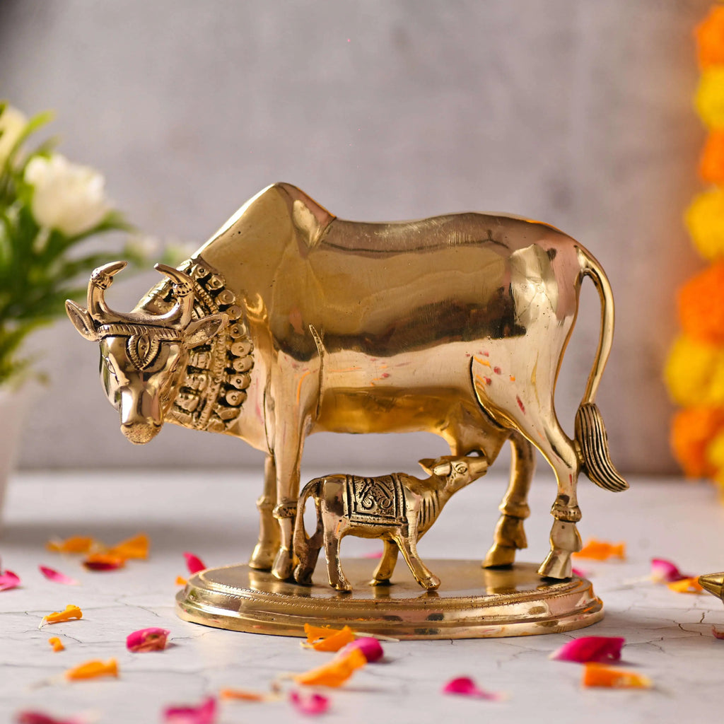 Brass Kamdhenu Cow With Calf Idol (6.5 Inch) Vedansh Craft