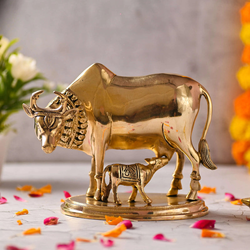 Brass Kamdhenu Cow With Calf Idol (6.5 Inch) Vedansh Craft