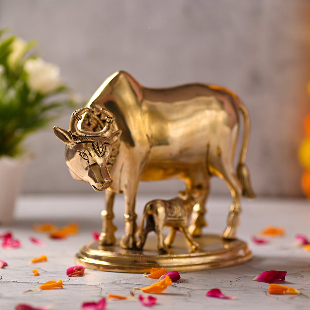 Brass Kamdhenu Cow With Calf Idol (6.5 Inch) Vedansh Craft