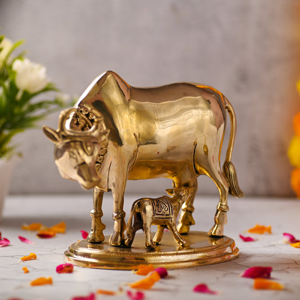 Brass Kamdhenu Cow With Calf Idol (6.5 Inch) Vedansh Craft