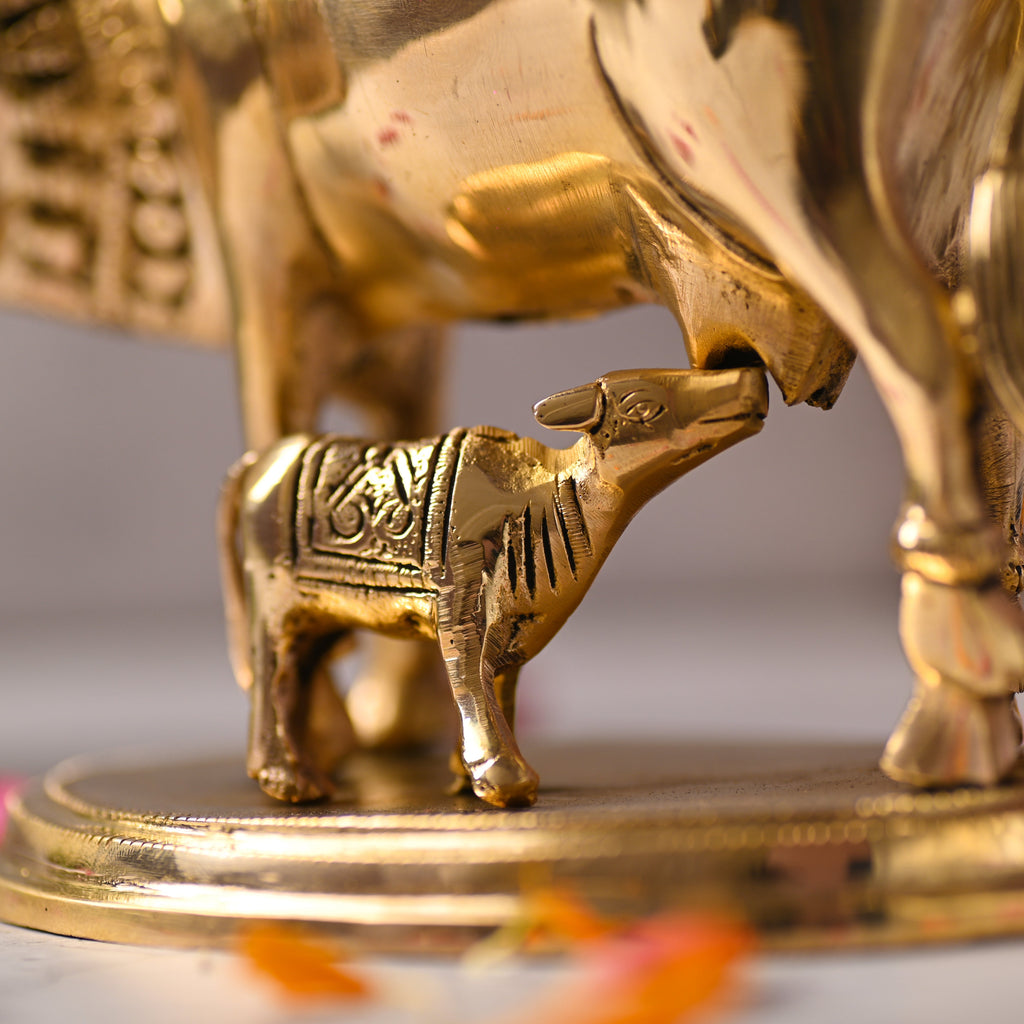 Brass Kamdhenu Cow With Calf Idol (6.5 Inch) Vedansh Craft