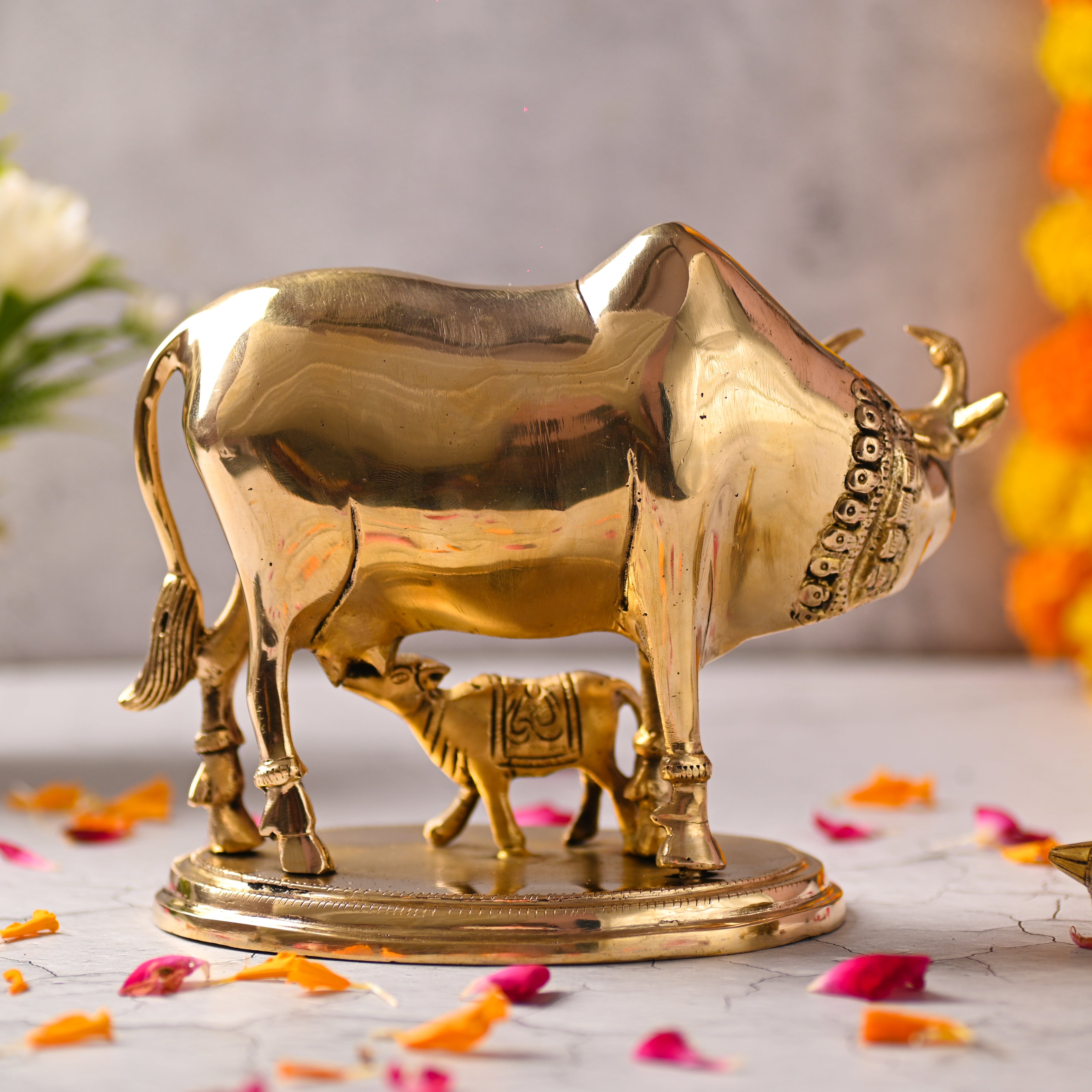 Brass Kamdhenu Cow With Calf Idol (6.5 Inch) Vedansh Craft