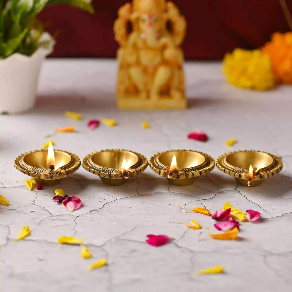 Brass Diya Set of Four – Handcrafted Traditional Pooja Lamps (0.9 Inch) Vedansh Craft
