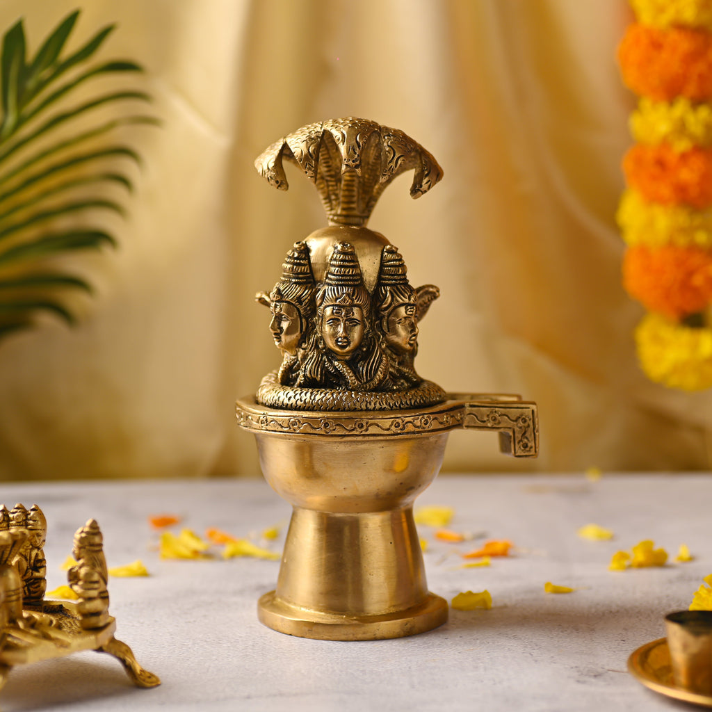 Brass Lord Shiva Mukhalingam Idol with Naga Canopy (8.2 Inch) Vedansh Craft