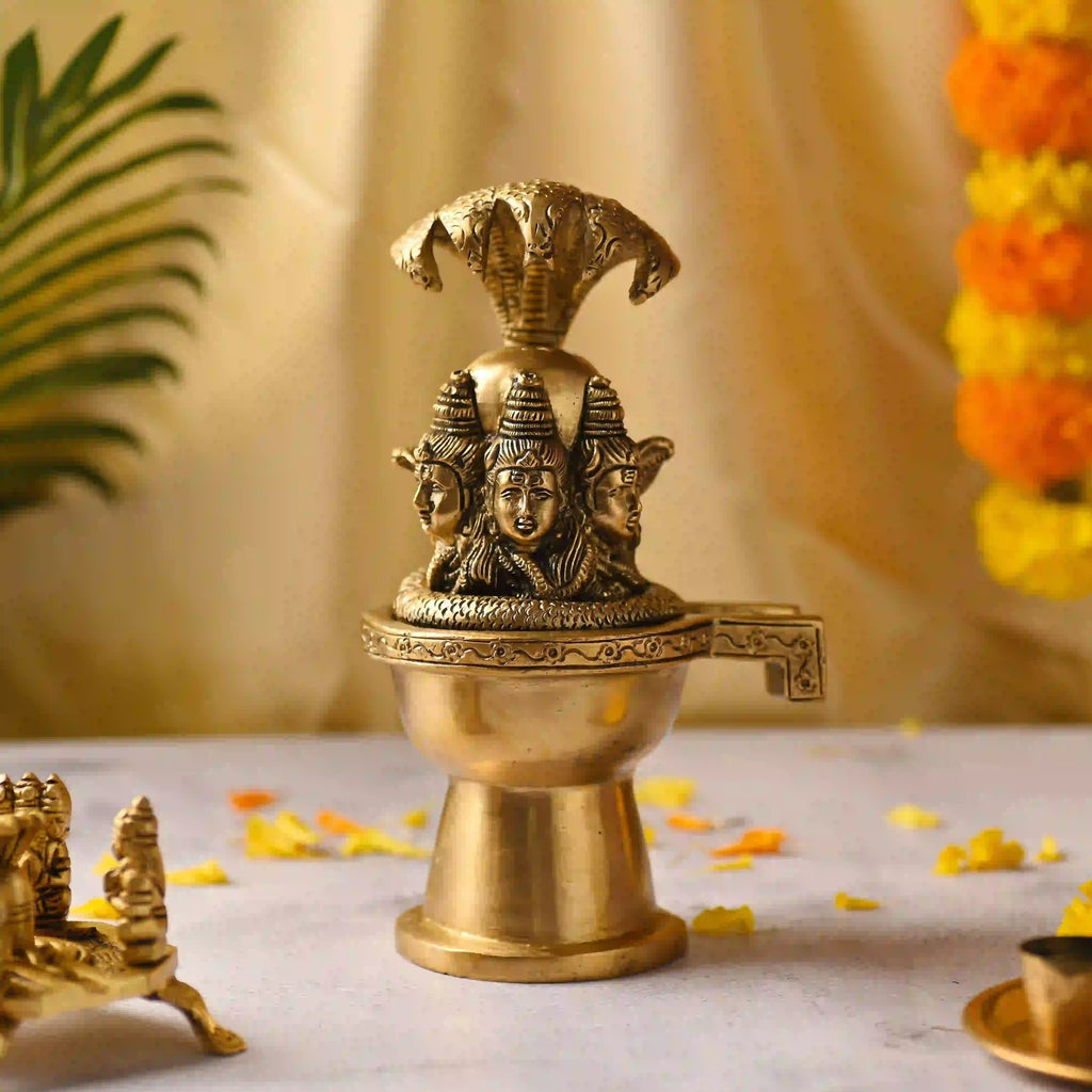 Brass Lord Shiva Mukhalingam Idol with Naga Canopy (8.2 Inch) Vedansh Craft