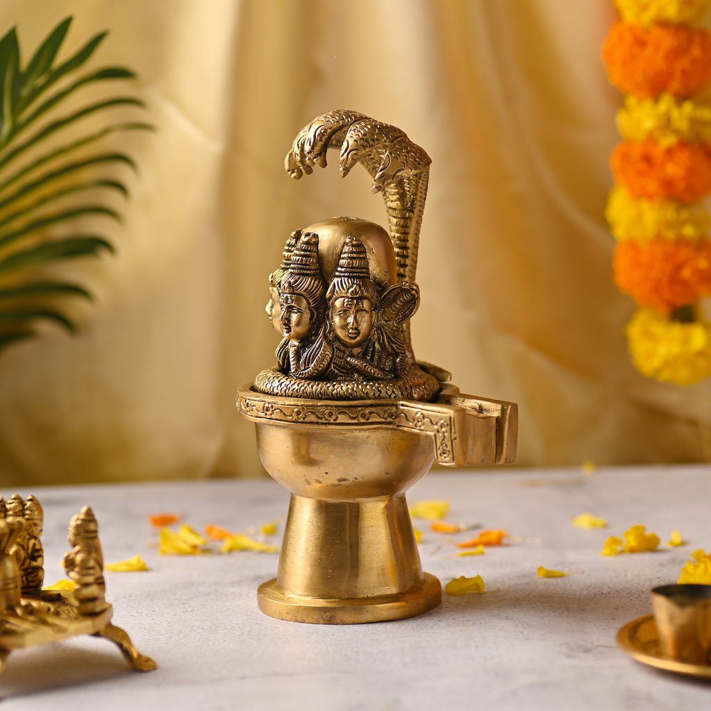 Brass Lord Shiva Mukhalingam Idol with Naga Canopy (8.2 Inch) Vedansh Craft