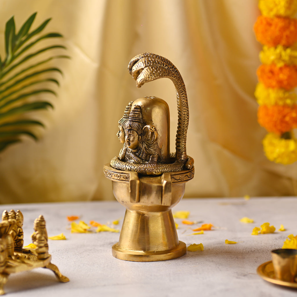 Brass Lord Shiva Mukhalingam Idol with Naga Canopy (8.2 Inch) Vedansh Craft
