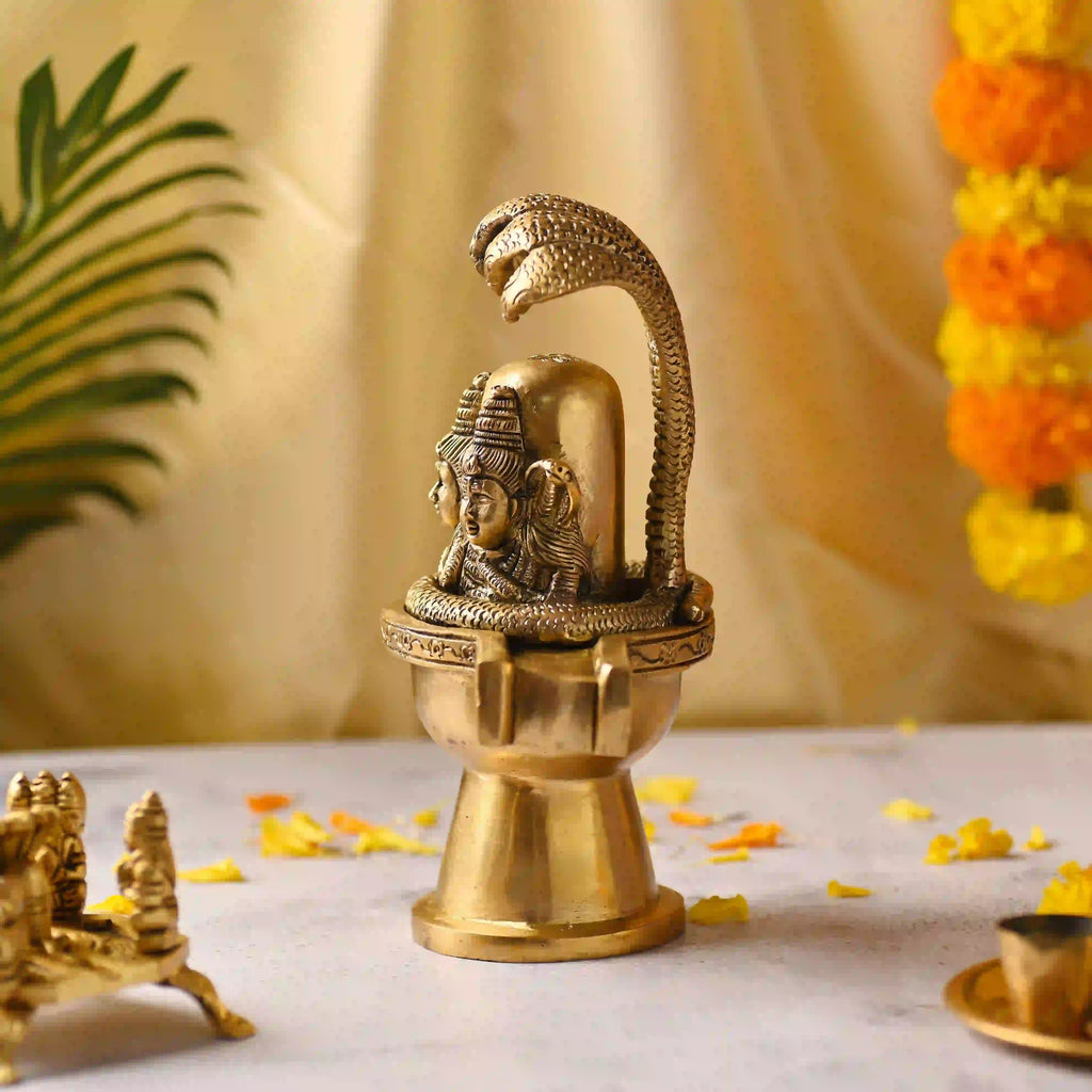 Brass Lord Shiva Mukhalingam Idol with Naga Canopy (8.2 Inch) Vedansh Craft