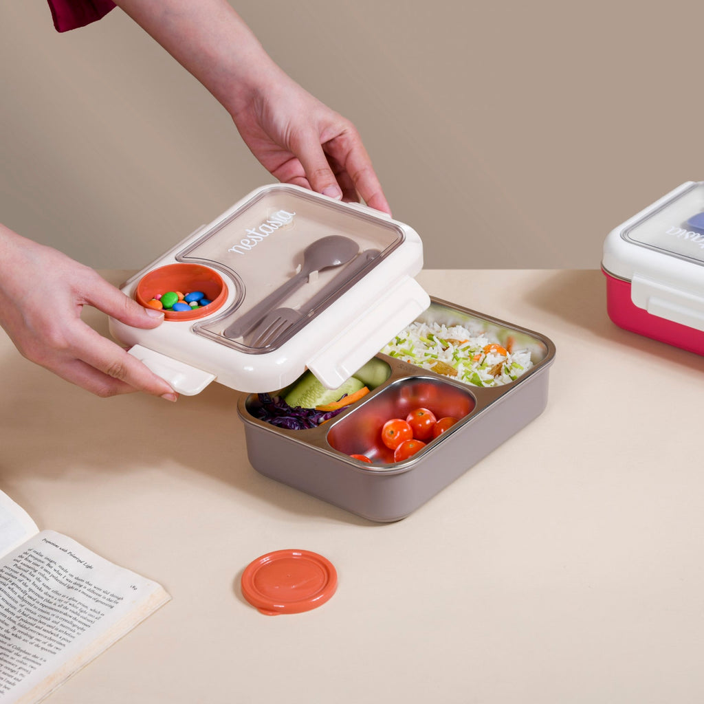 Tiffin Box For Office With 3 Compartments Brown 750ml Nestasia