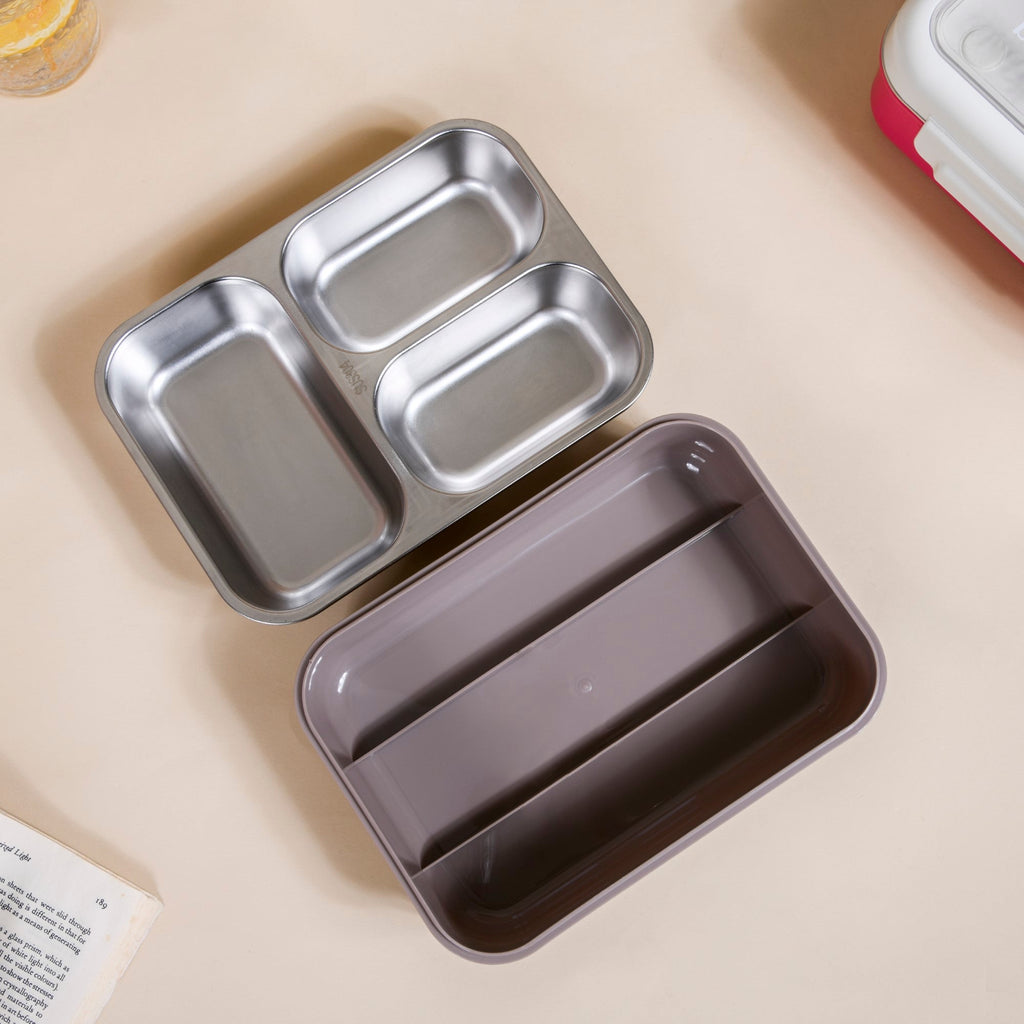 Tiffin Box For Office With 3 Compartments Brown 750ml Nestasia
