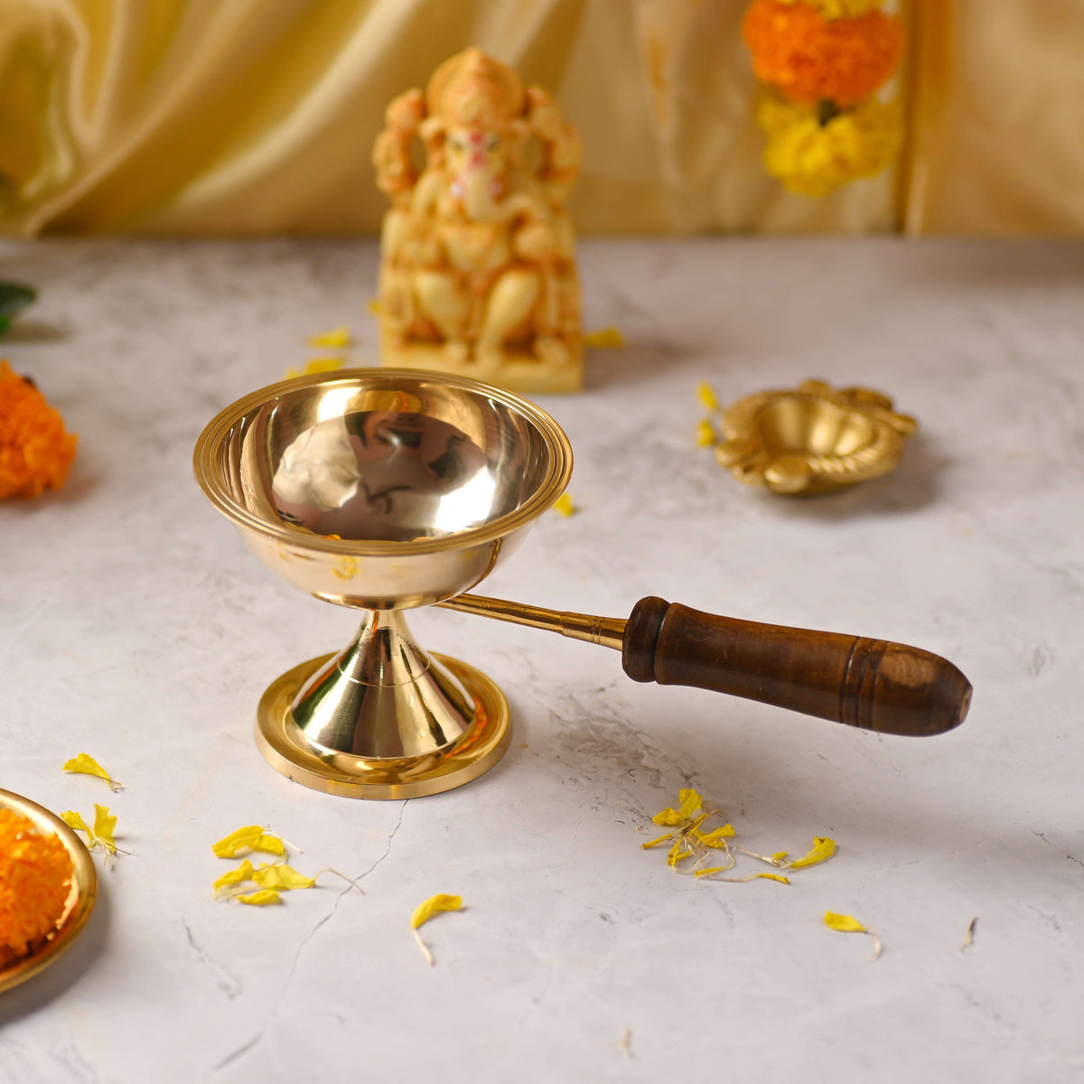 Brass Dhoop Aarti with Wooden Handle – Traditional Handmade Brassware Vedansh Craft