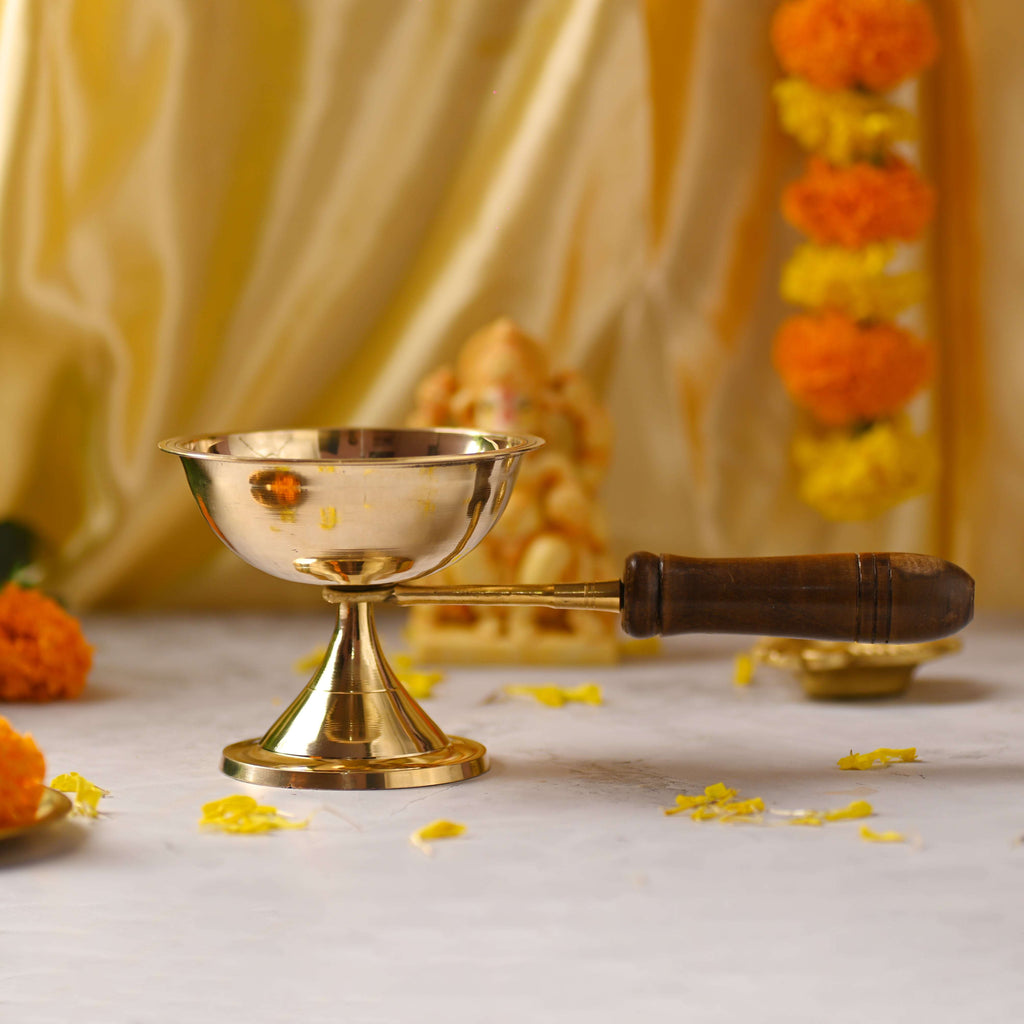 Brass Dhoop Aarti with Wooden Handle – Traditional Handmade Brassware Vedansh Craft