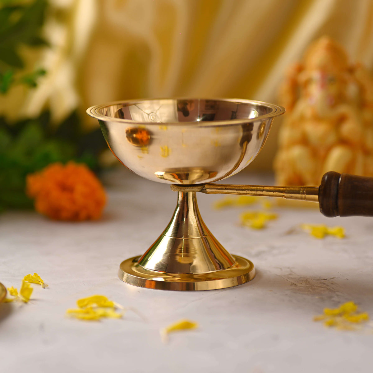 Brass Dhoop Aarti with Wooden Handle – Traditional Handmade Brassware Vedansh Craft