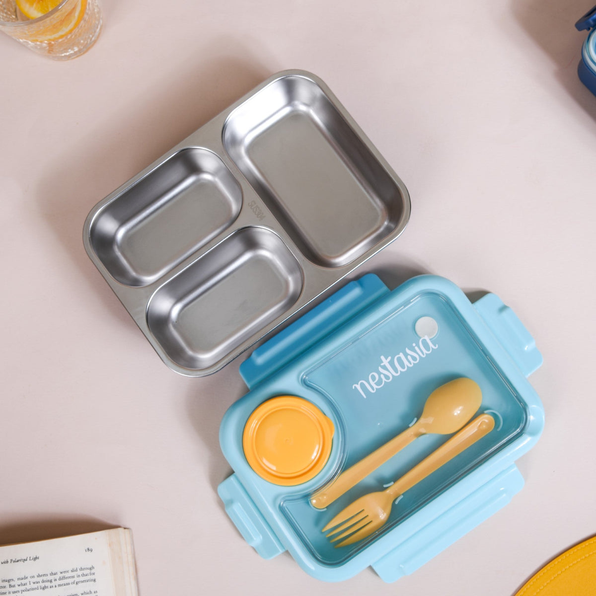 Bento Lunch Box With 3 Compartments Blue 750ml Nestasia
