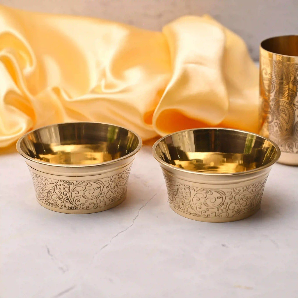 Brass Handcarved Bowl Pair – Traditional Indian Brassware (1.7 Inch) Vedansh Craft