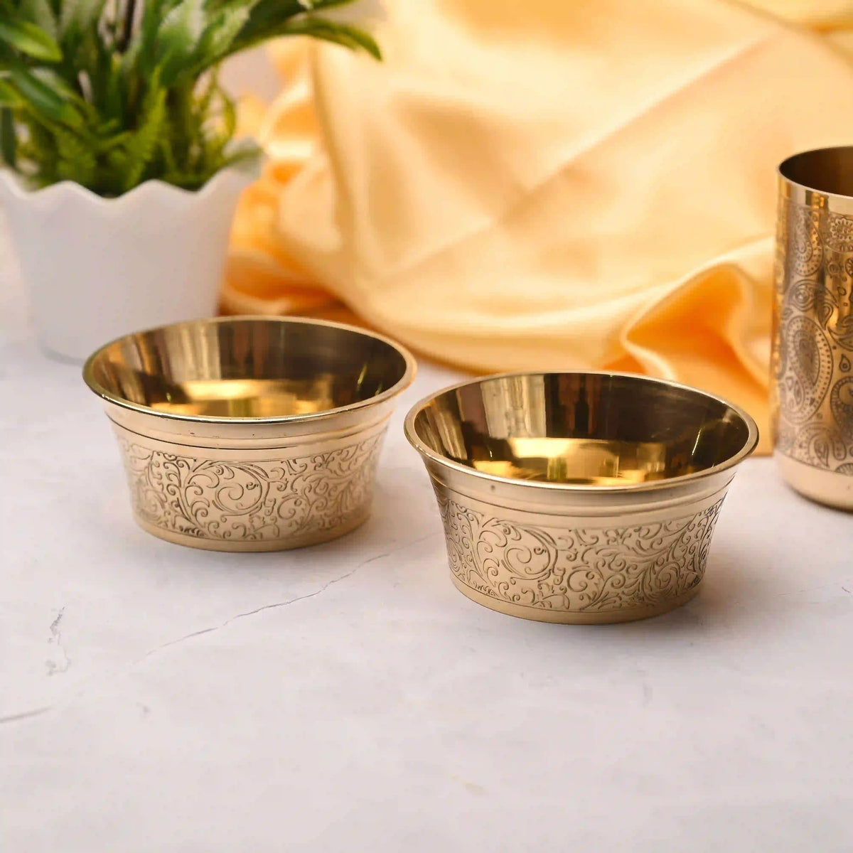 Brass Handcarved Bowl Pair – Traditional Indian Brassware (1.7 Inch) Vedansh Craft