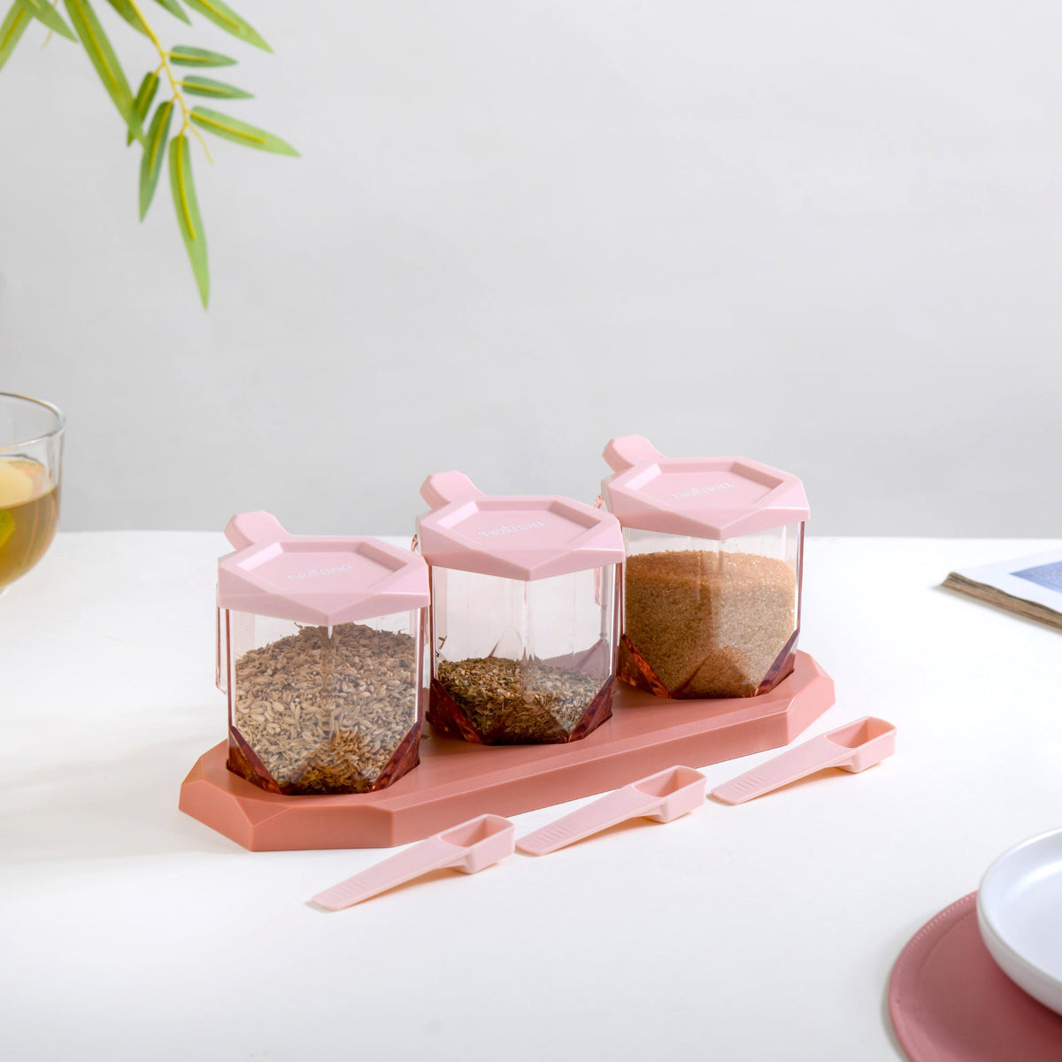 Spice Containers With Spoons Set Of 3 Pink Nestasia