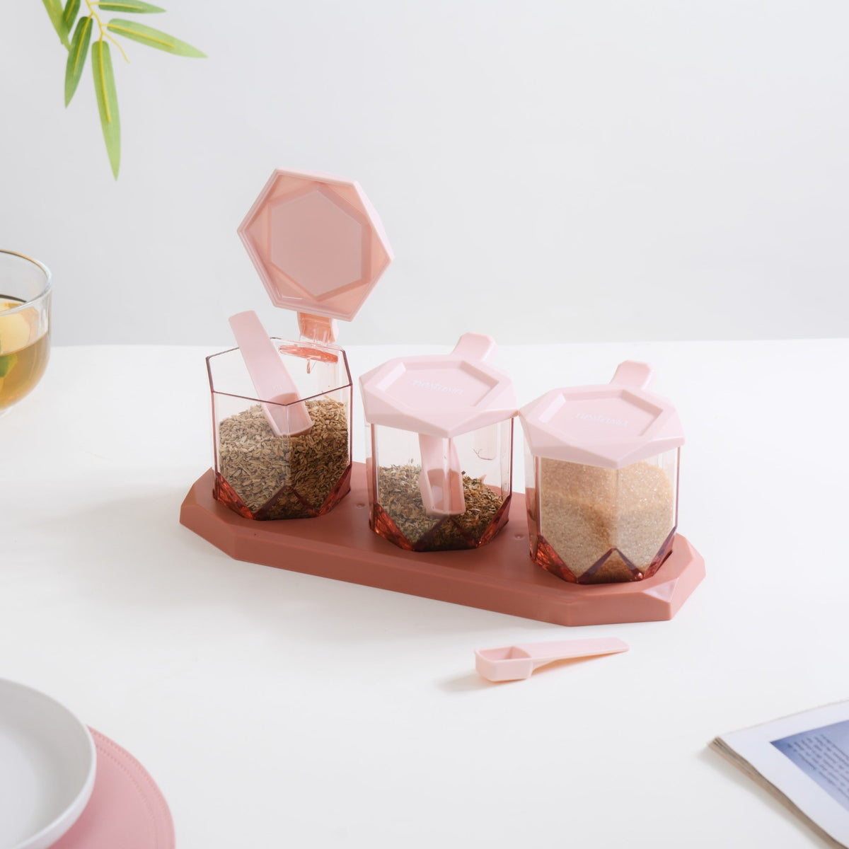 Spice Containers With Spoons Set Of 3 Pink Nestasia