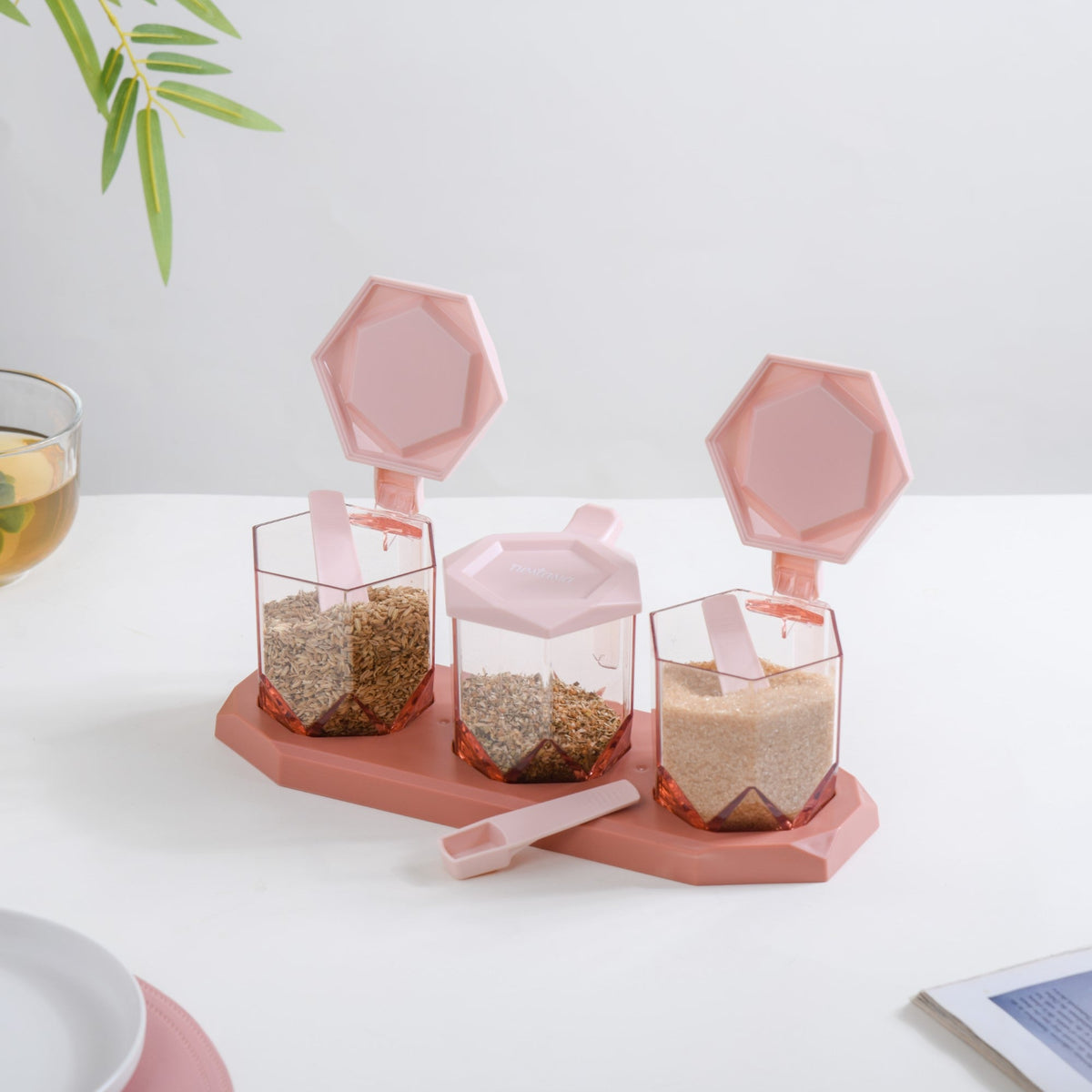 Spice Containers With Spoons Set Of 3 Pink Nestasia