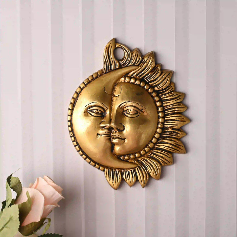 Brass Sun With Moon Wall Hanging – Handmade Premium Brass Decor (6.4 Inch) Vedansh Craft